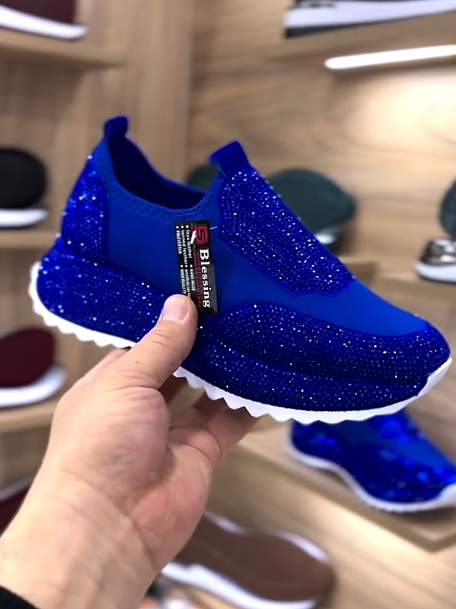 Shiny blue rhinestone platform slip-on sneakers