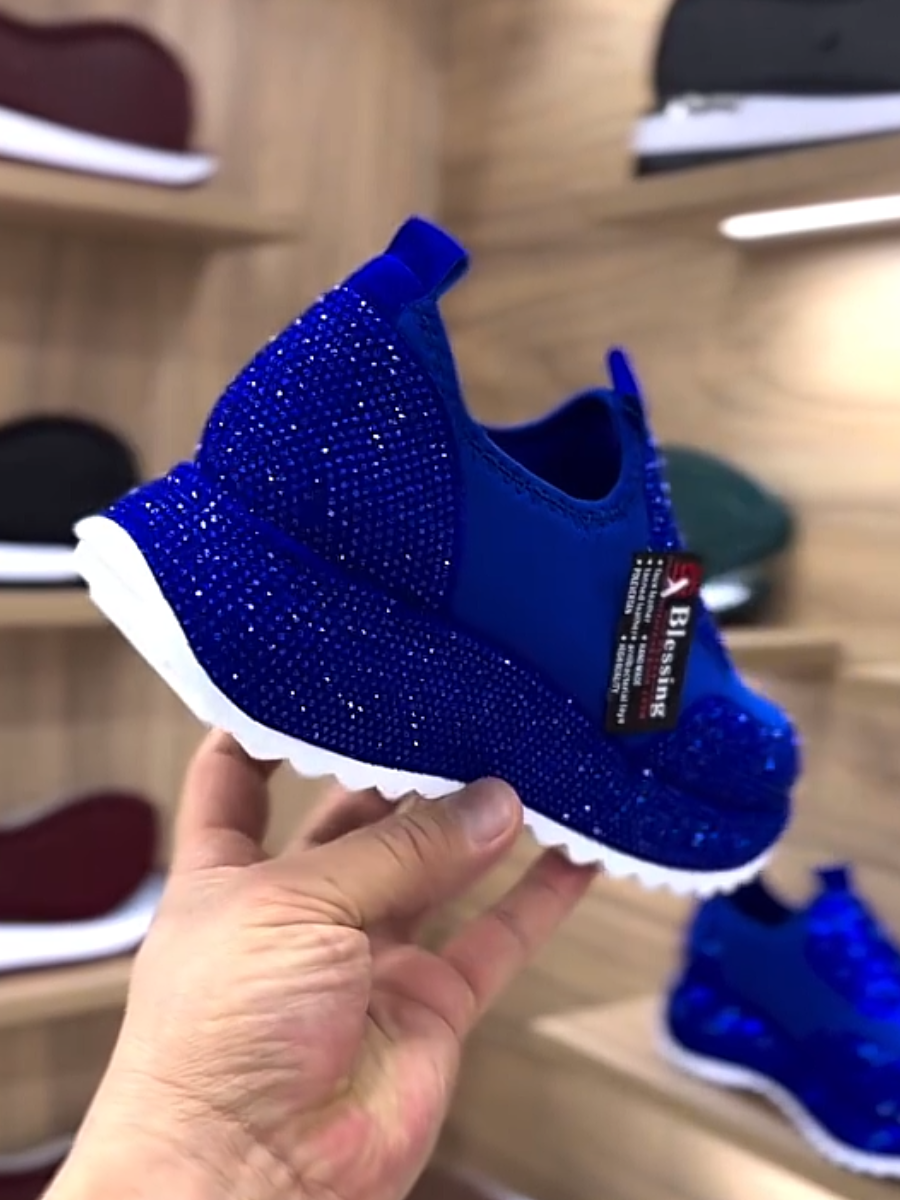 Shiny blue rhinestone platform slip-on sneakers