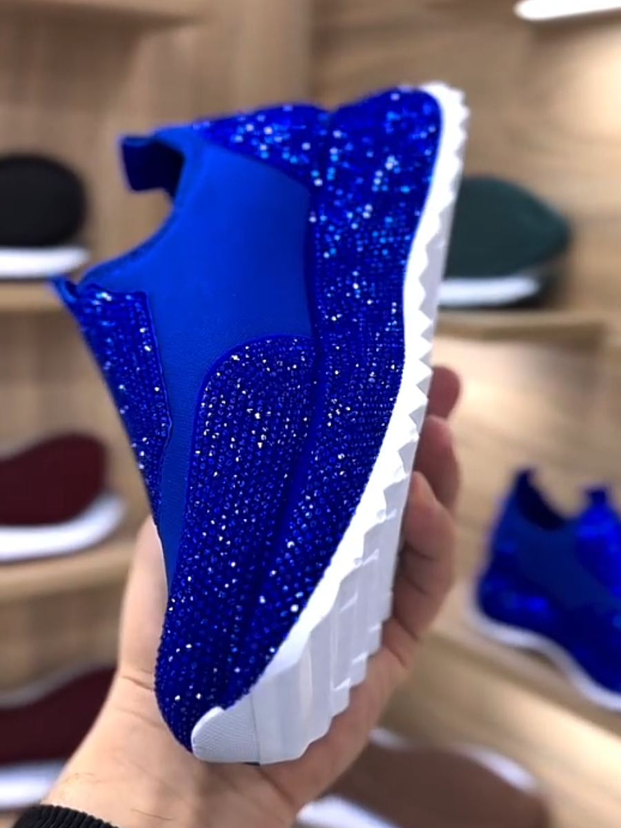Shiny blue rhinestone platform slip-on sneakers