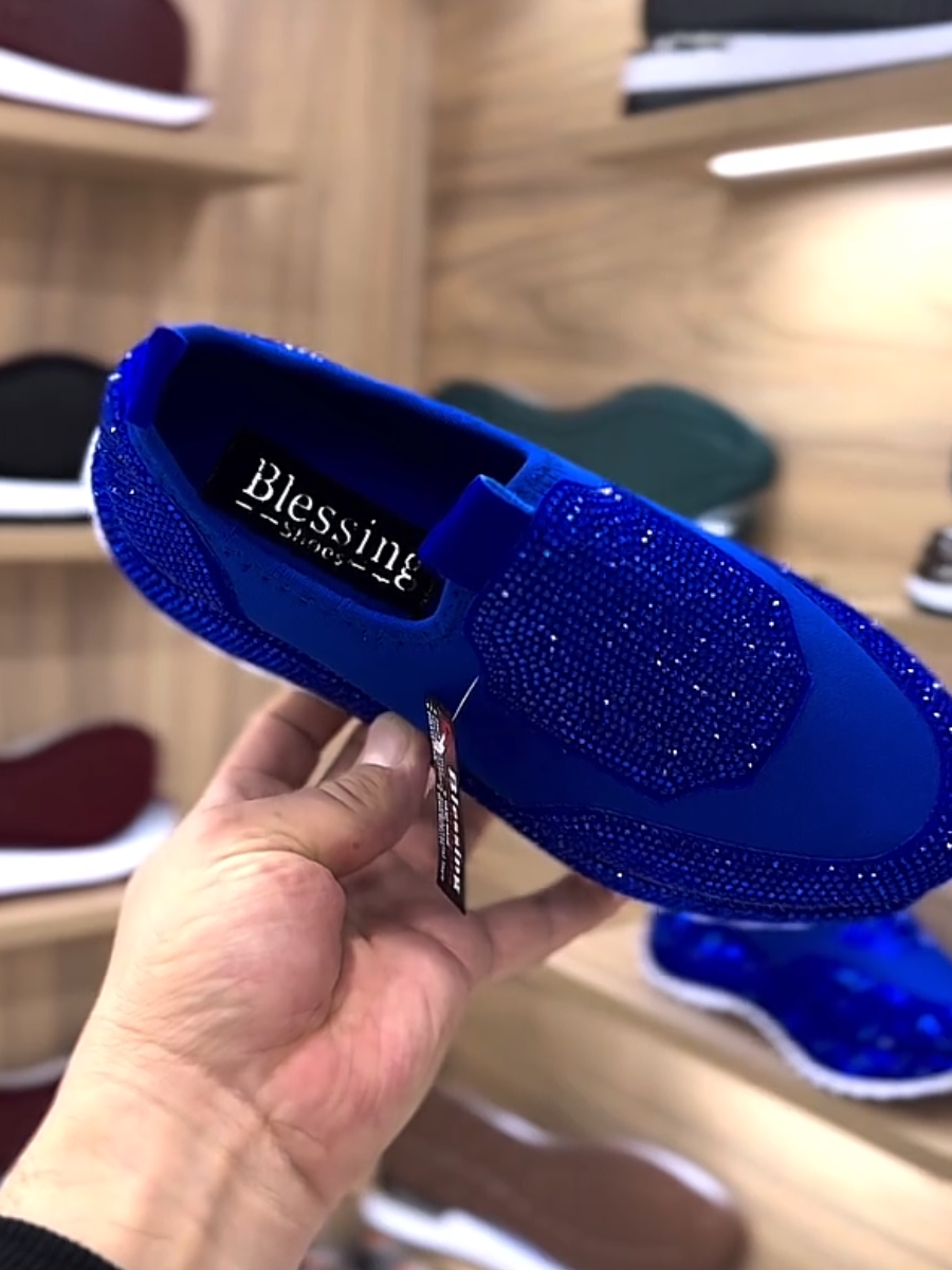 Shiny blue rhinestone platform slip-on sneakers