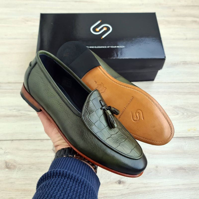 Luxury Frangiato Croco Green Men's Leather Loafers