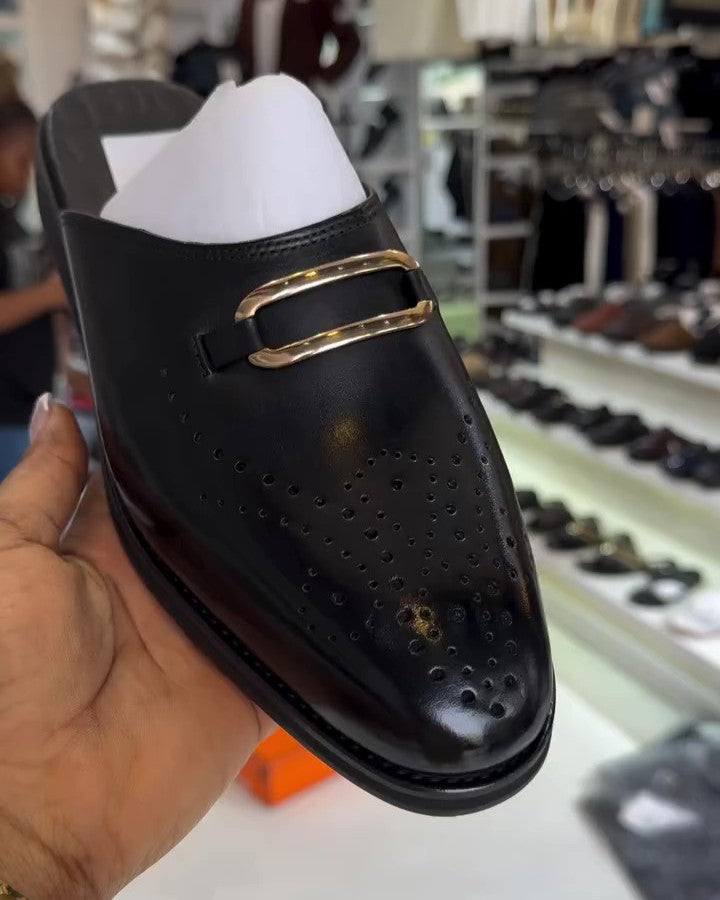 Men's Black Calfskin Perforated Half Slippers
