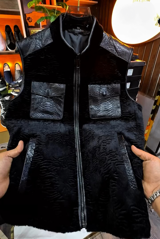 Crocodile leather patchwork eco-friendly fur jacket