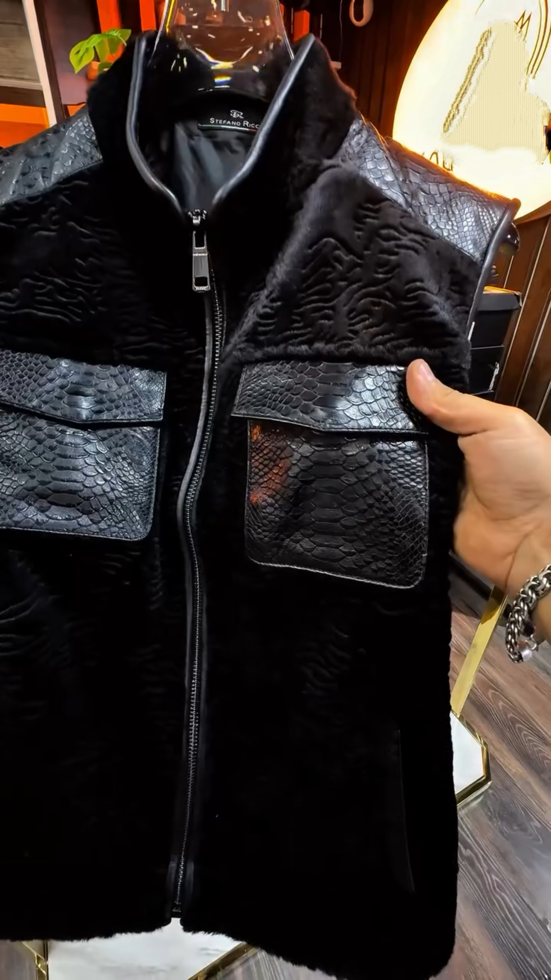 Crocodile leather patchwork eco-friendly fur jacket