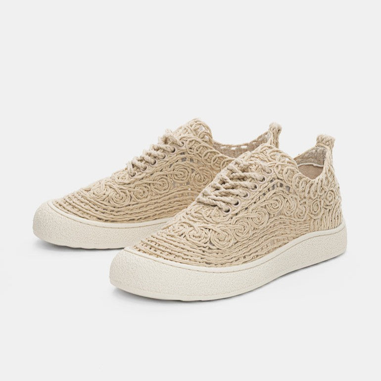 Lace-up Athletic Shoes with Woven Straw Detail