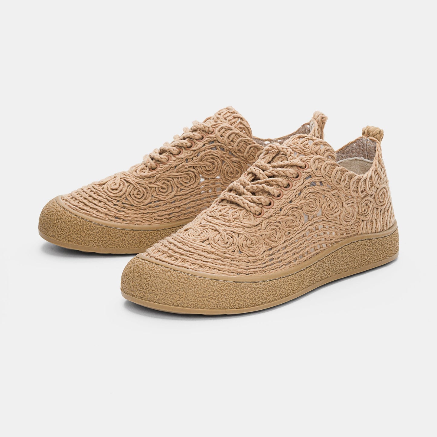 Lace-up Athletic Shoes with Woven Straw Detail