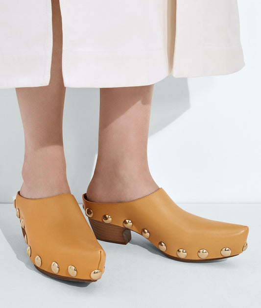 Gold Studded Calfskin Leather Mule Clog