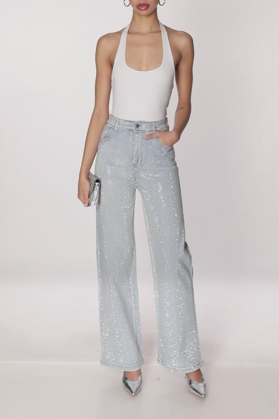 Rhinestone Studded High Waisted Straight Leg Jeans