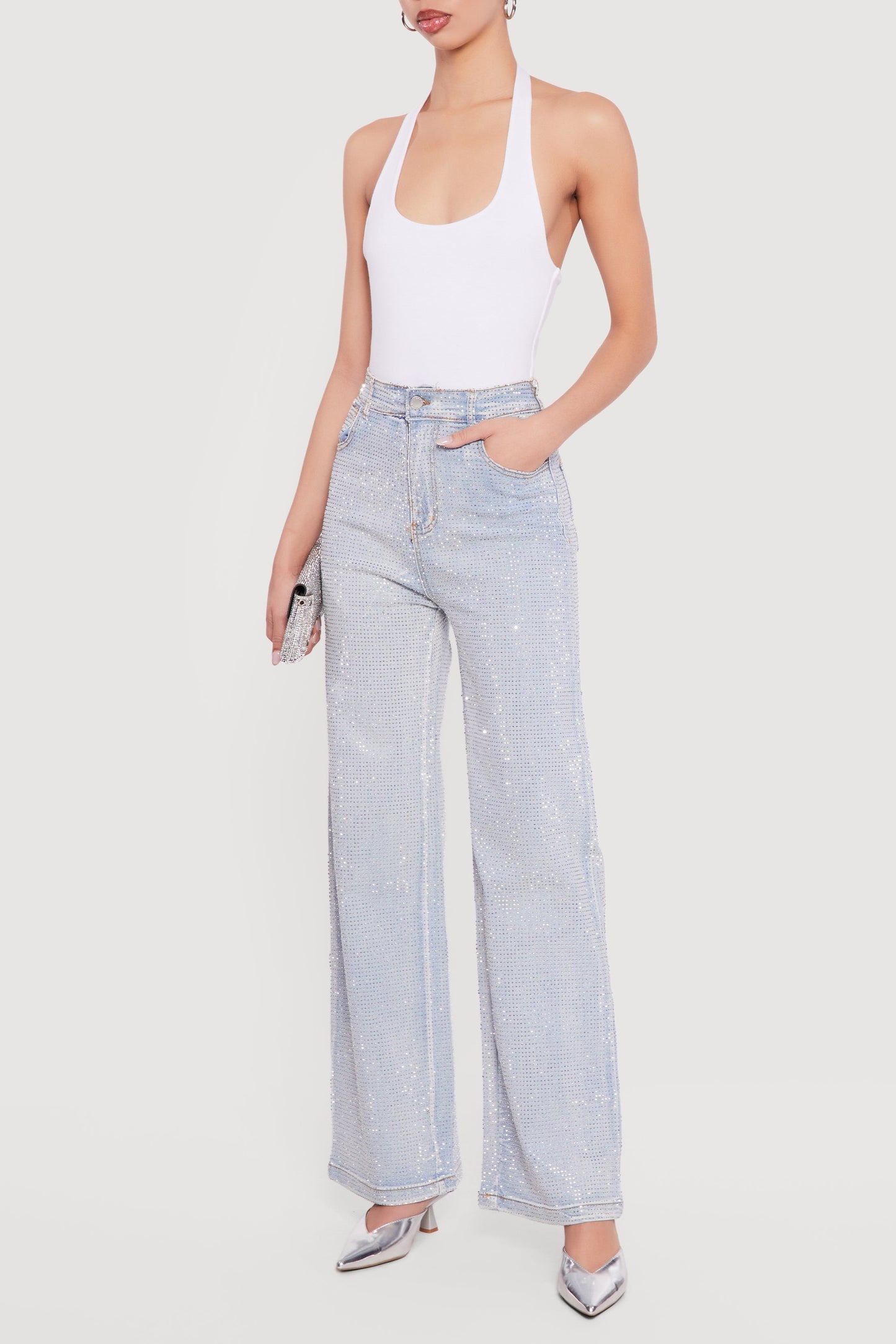 Rhinestone Studded High Waisted Straight Leg Jeans