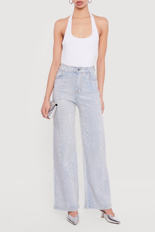 Rhinestone Studded High Waisted Straight Leg Jeans