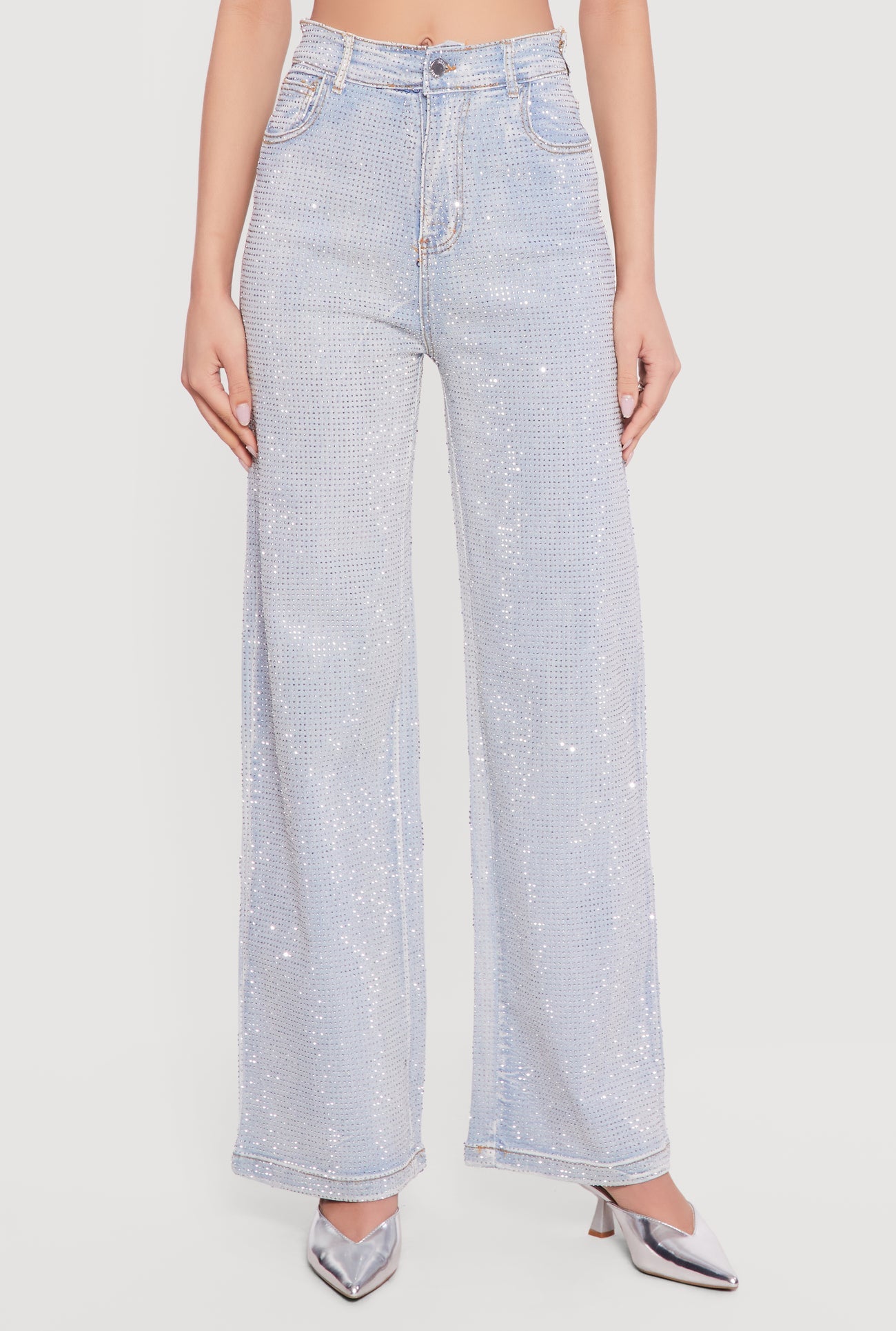 Rhinestone Studded High Waisted Straight Leg Jeans