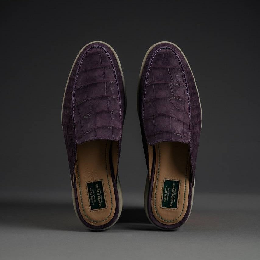 Burgundy Suede Crocodile Mules