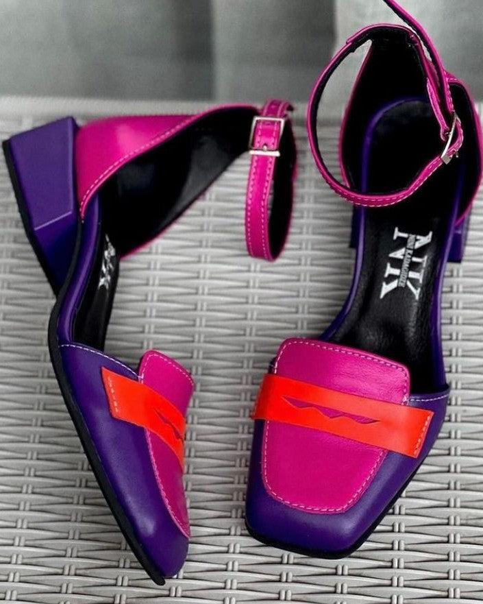 Women's Patchwork Chunky Heel Leather Shoes