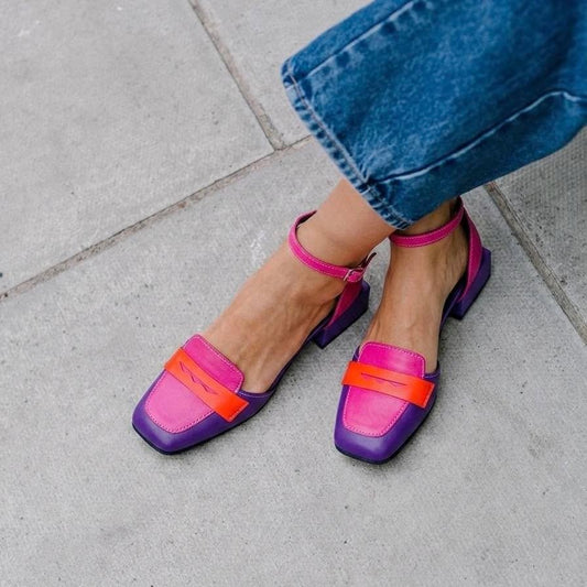 Women's Patchwork Chunky Heel Leather Shoes