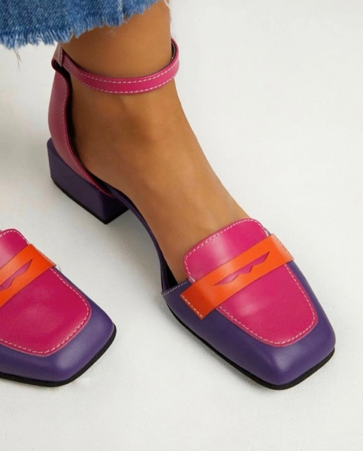 Women's Patchwork Chunky Heel Leather Shoes