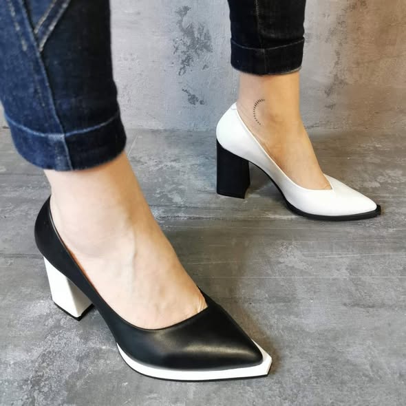 Black and White Chunky Heeled Leather Shoes