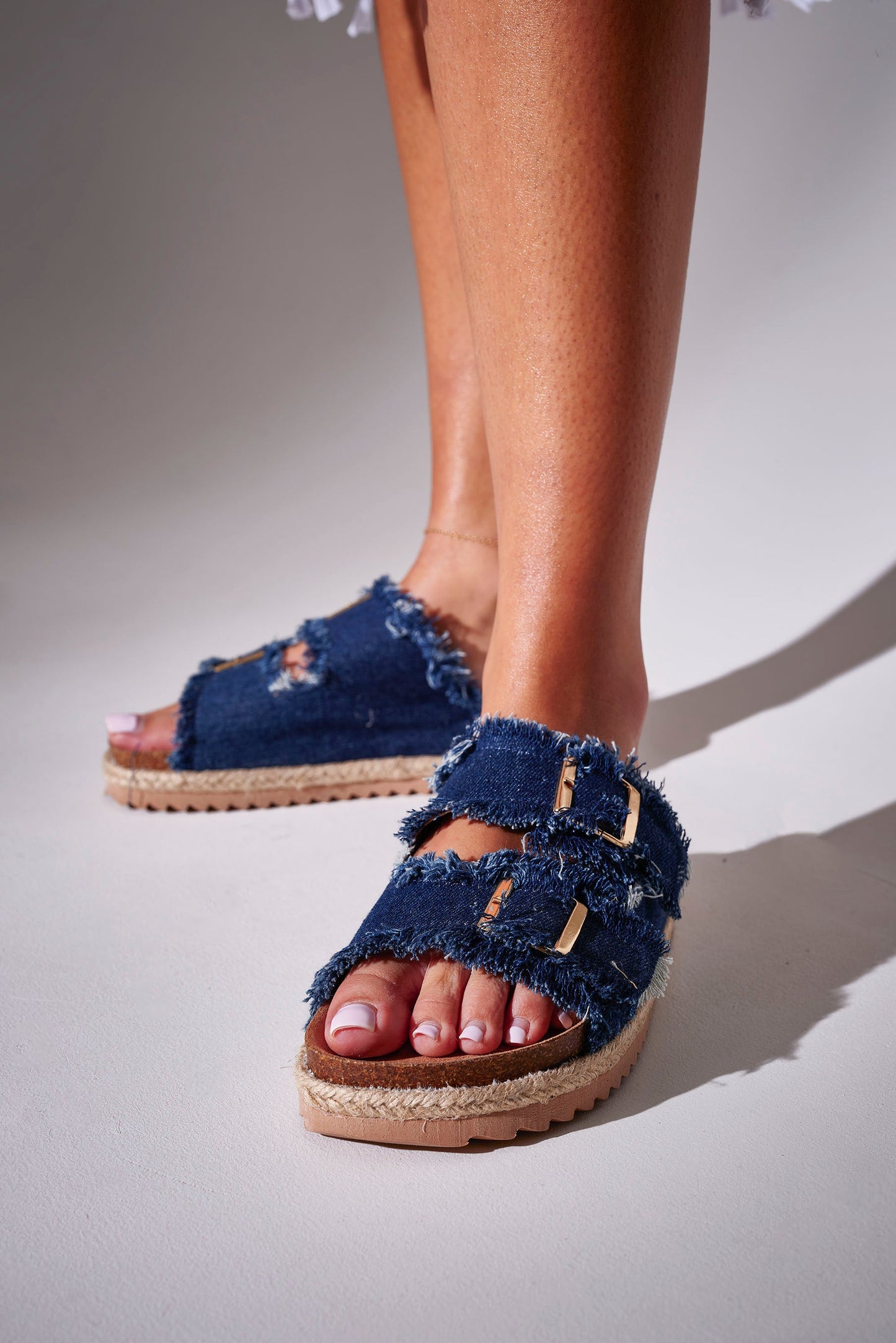 Fringed Denim Double Buckle Espadrilles in Cream