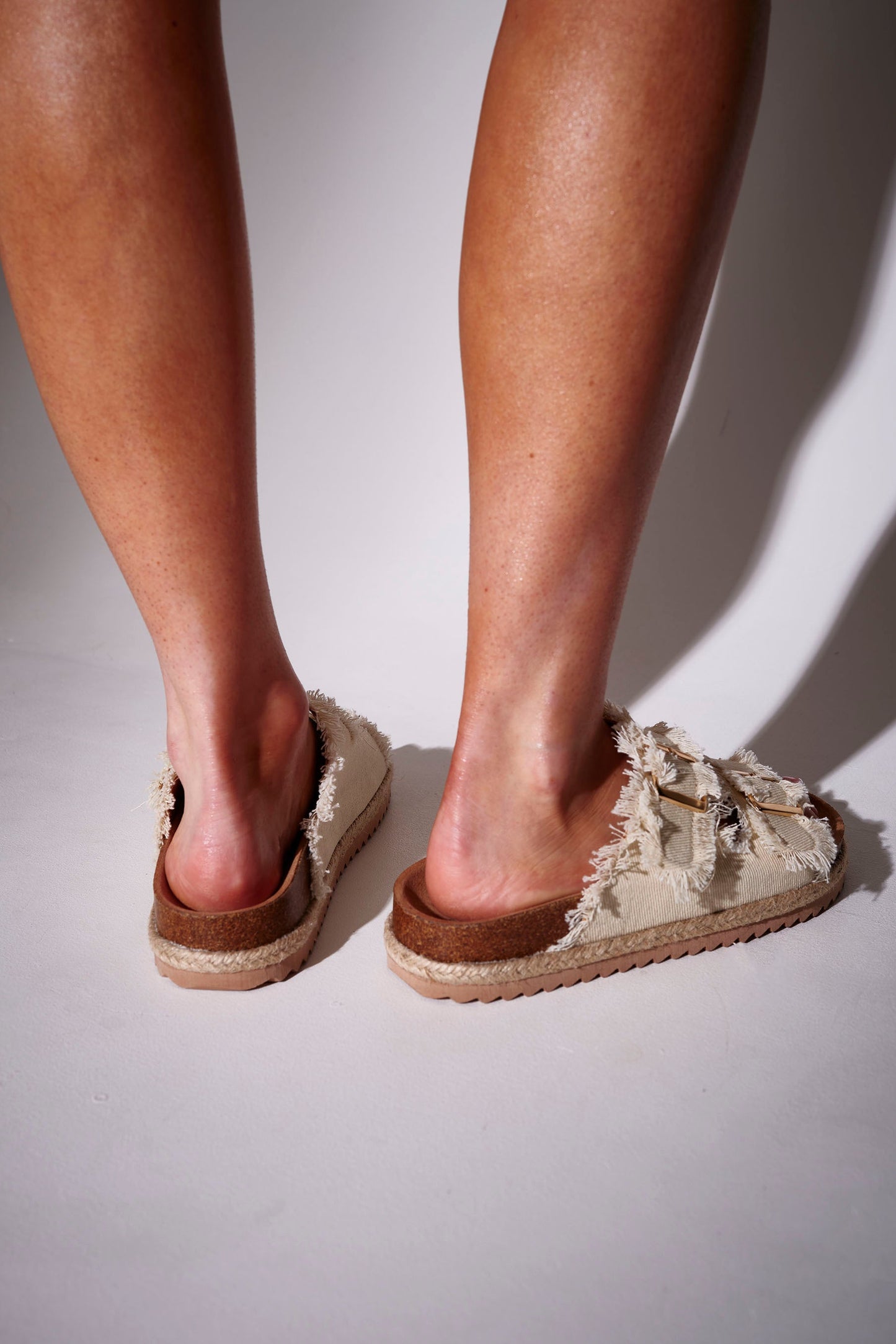 Fringed Denim Double Buckle Espadrilles in Cream