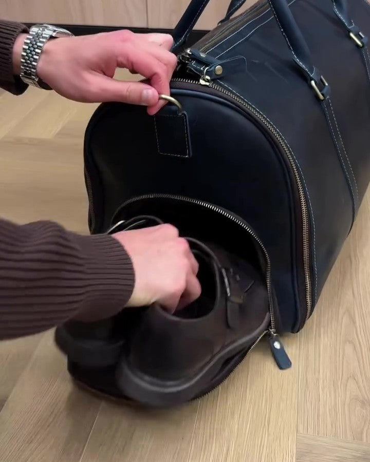 Leather Weekender Travel Bag with Shoe Compartment