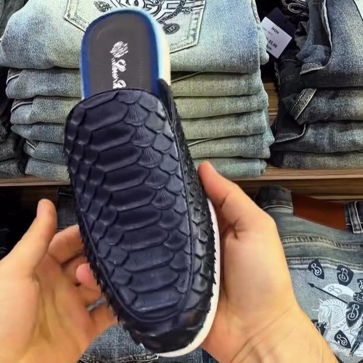 Navy Blue Crocodile Leather Mules