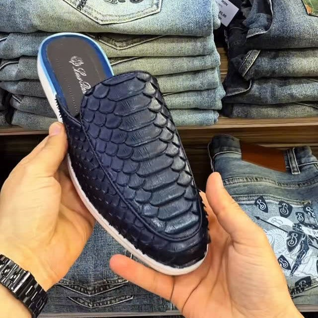 Navy Blue Crocodile Leather Mules