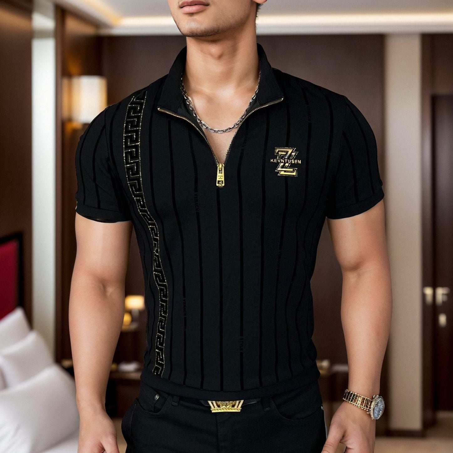 ZZ Vertical Stripe Rhinestone Zipper Polo Shirt