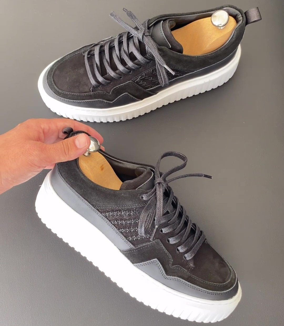 Grey Nubuck Lace-Up Platform Sneakers