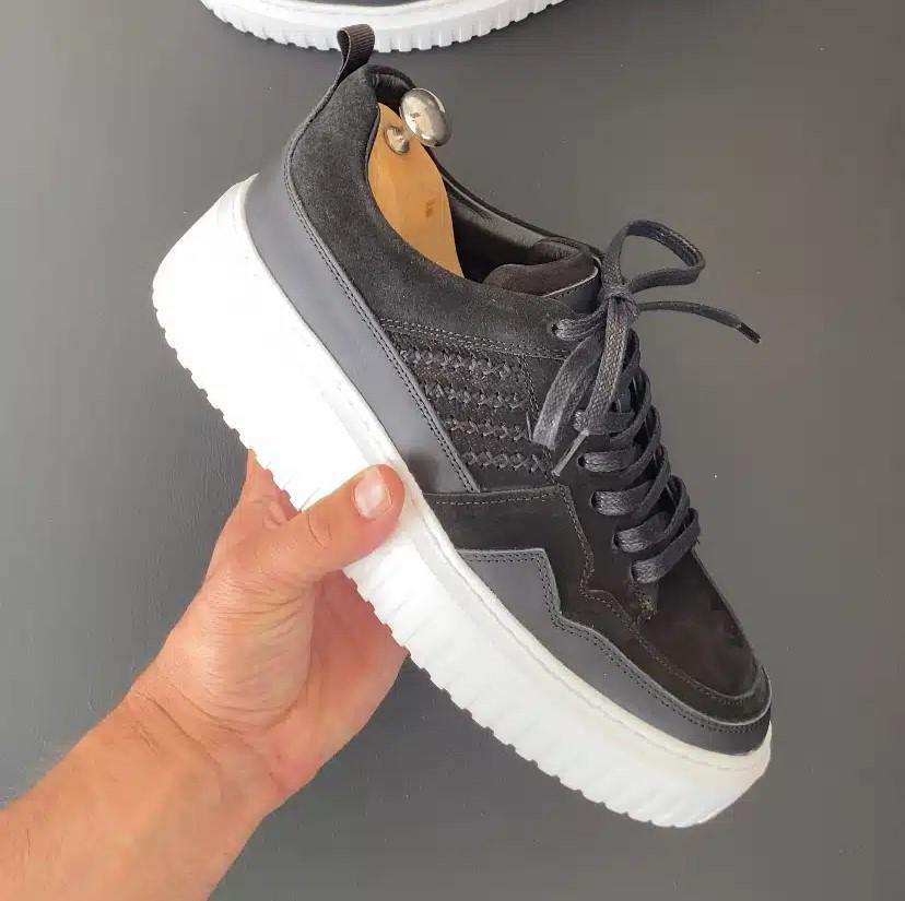Grey Nubuck Lace-Up Platform Sneakers