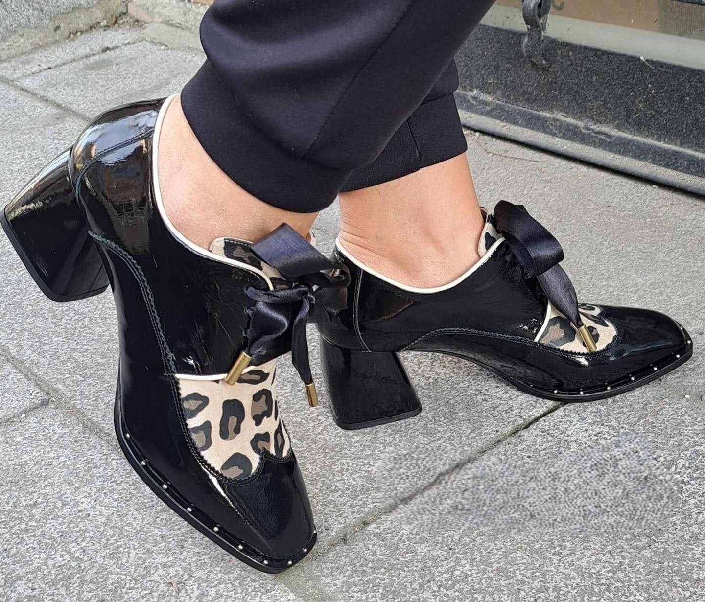 Leopard Print Leather Block Heel Ankle Boots