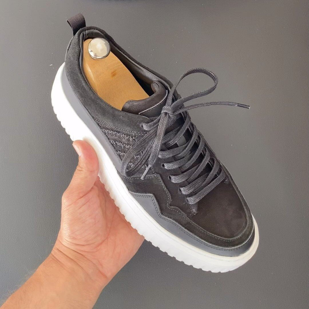 Grey Nubuck Lace-Up Platform Sneakers